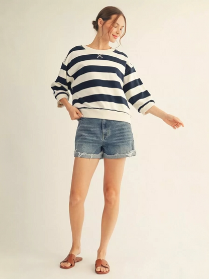 Jodifl Bold Stripe Casual Top With Drop Shoulder And V-Notch - Navy