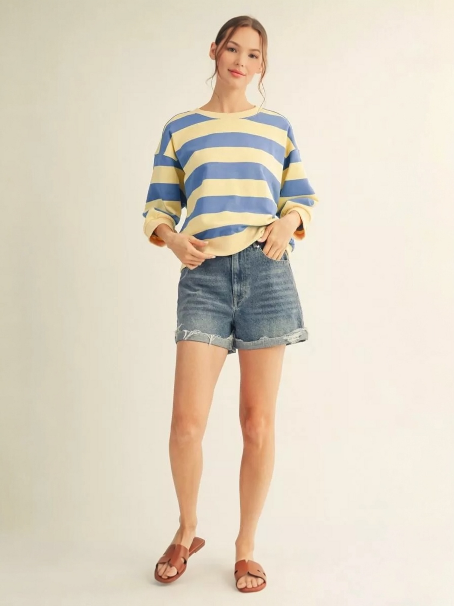 Jodifl Bold Stripe Casual Top With Drop Shoulder And V-Notch - Butter Yellow