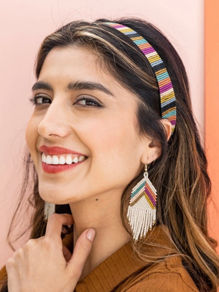 Elise Chevron Beaded Fringe Earrings Muted Rainbow