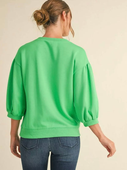 Jodifl Solid Sweatshirt Top With U-neck 3/4 Sleeves - Apple Green