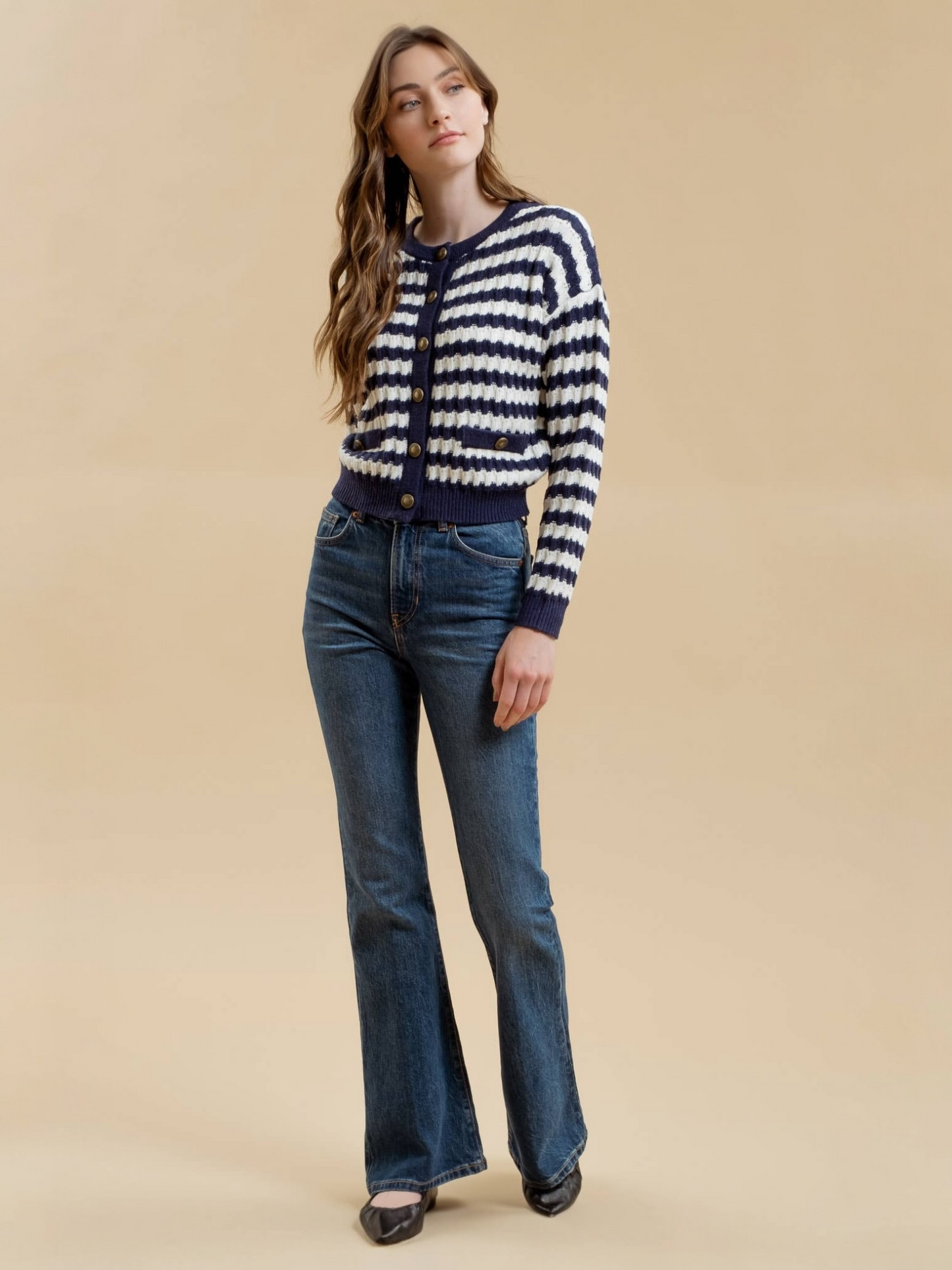Blu Pepper Stripe Crew Neck Knit Cardigan - Navy