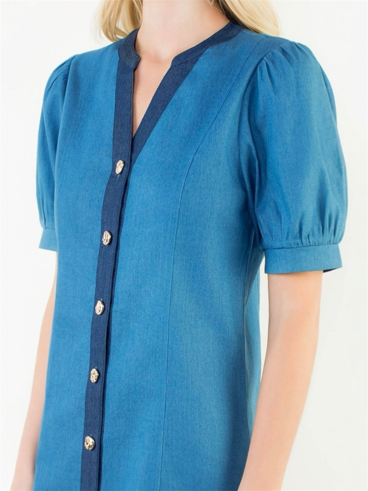 THML Short Sleeve Denim Button Up Dress – Denim Blue