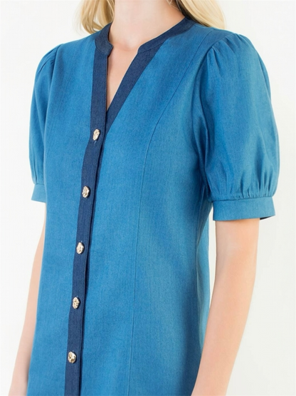 THML Short Sleeve Denim Button Up Dress – Denim Blue