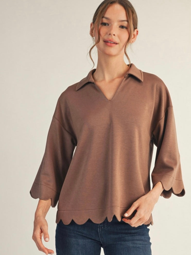 Jodifl 3/4 Sleeves V Neck Top With Scallop Edge Detail - Mocha Mousse