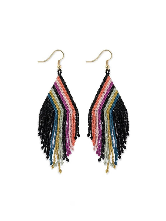 Haley Falling Lines Beaded Fringe Earrings Rainbow/Black