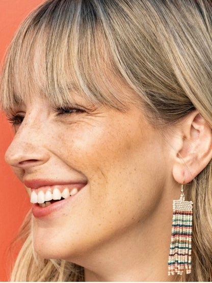 Adaline Horizontal Stripes Beaded Fringe Earrings Light Desert