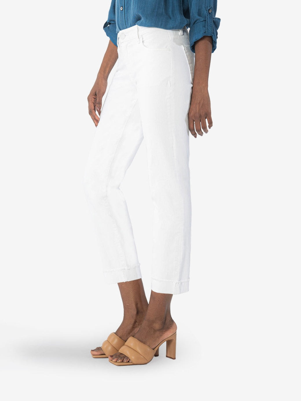 Amy Mid Rise Crop Straight Leg Roll Up Fray Hem - Optic White