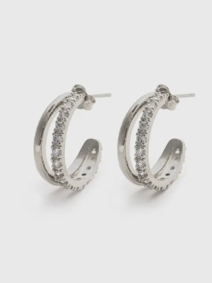 Pave Split Open Hoop Stud Earrings | Silver Pave Split