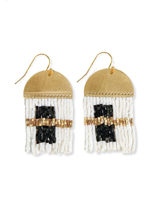 Birdie Abstract Earrings Black and White. The Birdie earrings have all the shimmery movement you love all in a petite package. This geometric fringe design features black, white, and gold glass beads hanging from a modern half-circle brass piece to bring balance and structure to your jewelry box.