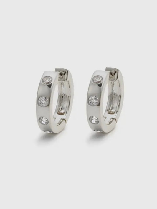 Simple Band White Stone Huggie Hoop Earrings | Silver White