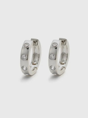 Simple Band White Stone Huggie Hoop Earrings | Silver White