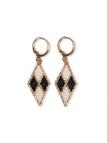 Carmen Mini Gold Hoop Diamond Pattern Beaded Drop Earrings Black/White