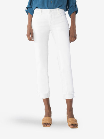 Amy Mid Rise Crop Straight Leg Roll Up Fray Hem - Optic White