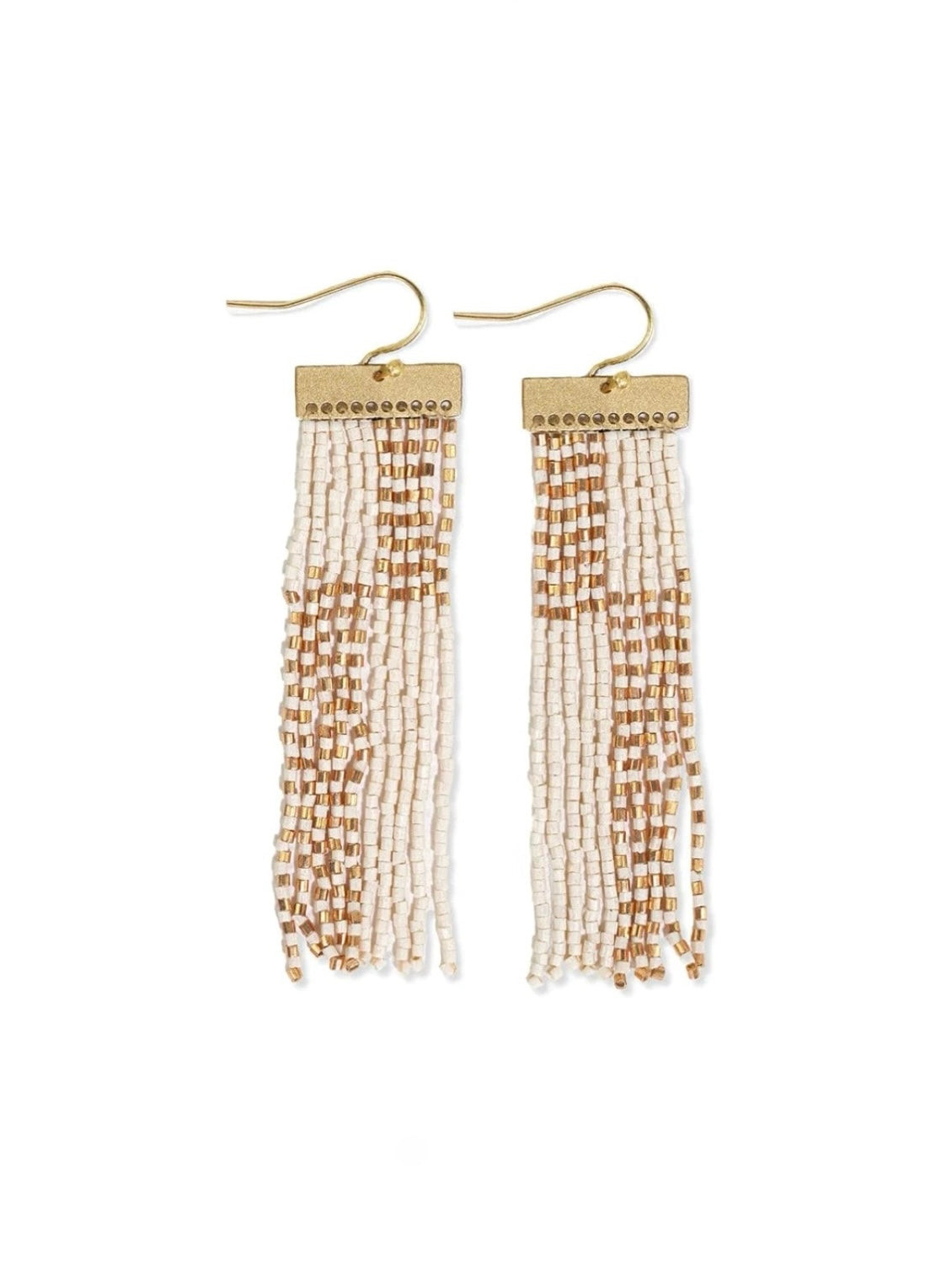 Lana Rectangle Hanger Colorblocks With Stripes Beaded Fringe Earrings Ivory/Gold