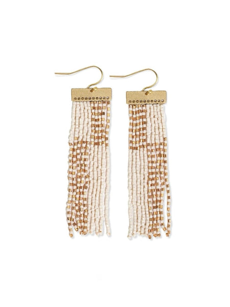 Lana Rectangle Hanger Colorblocks With Stripes Beaded Fringe Earrings Ivory/Gold