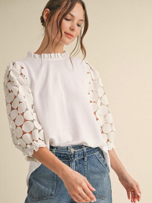 Jodifl Top With Frilled Neck and Dot Textured Lace 3/4 Sleeves - Off White