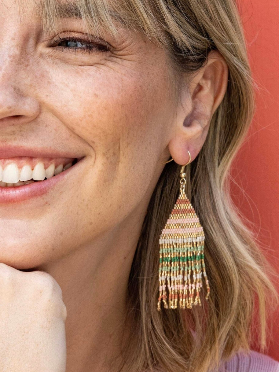 Lexie Horizontal Gold Lines Beaded Fringe Earrings Desert