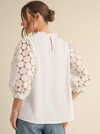 Jodifl Top With Frilled Neck and Dot Textured Lace 3/4 Sleeves - Off White