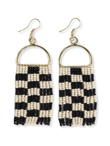 Allison Checkered Beaded Fringe Earrings Black