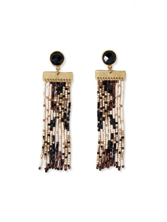 Lilah Semi-Precious Stone Post With Organic Shapes Beaded Fringe Earrings Black/White