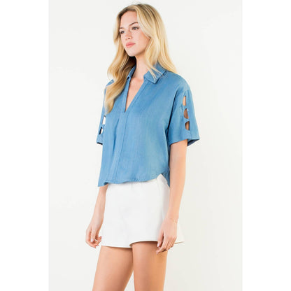 THML Short Sleeve Cutout Denim Top – Blue