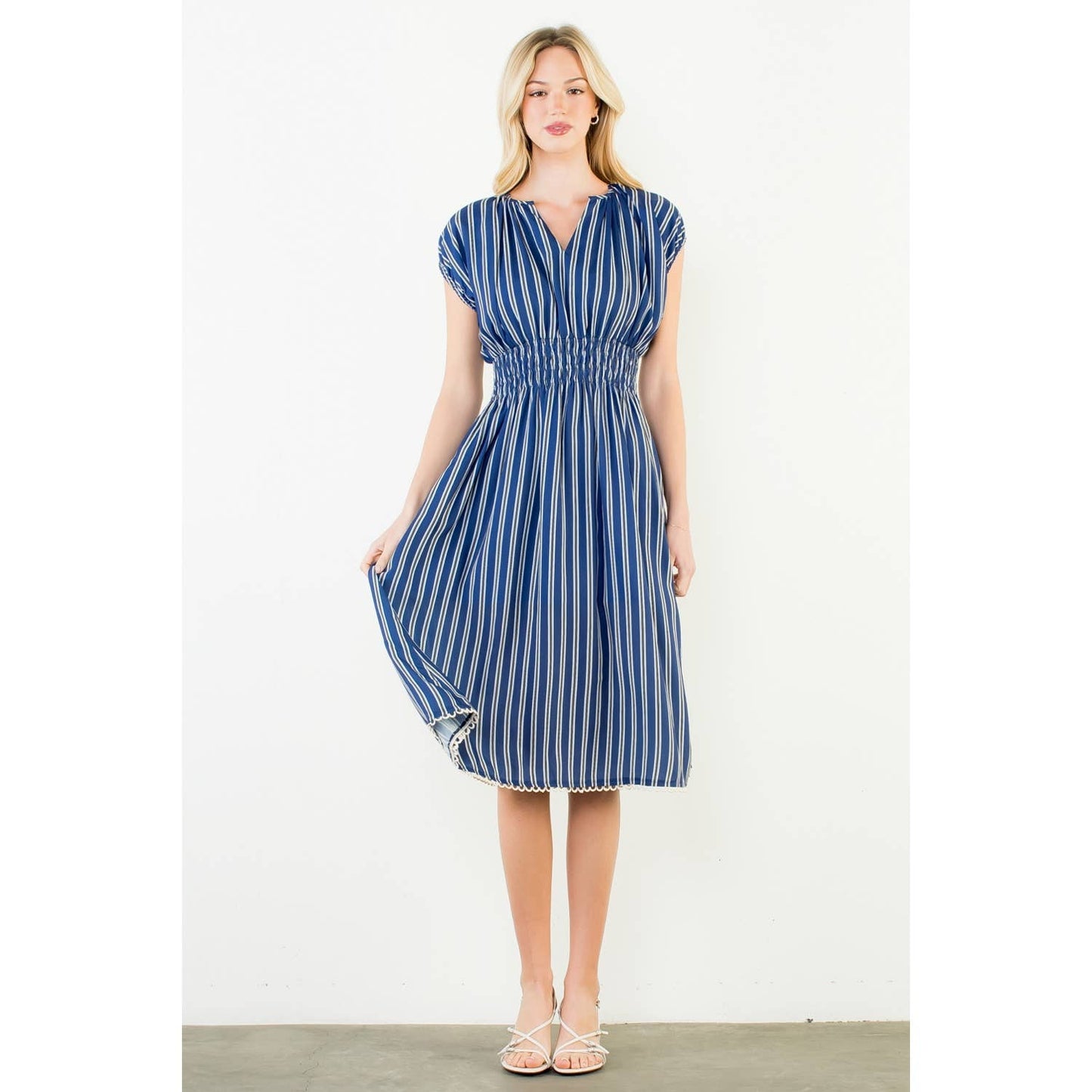 THML Striped Smocked Waist Dress – Navy