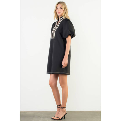THML Puff Sleeve Embroidered Textured Dress – Black
