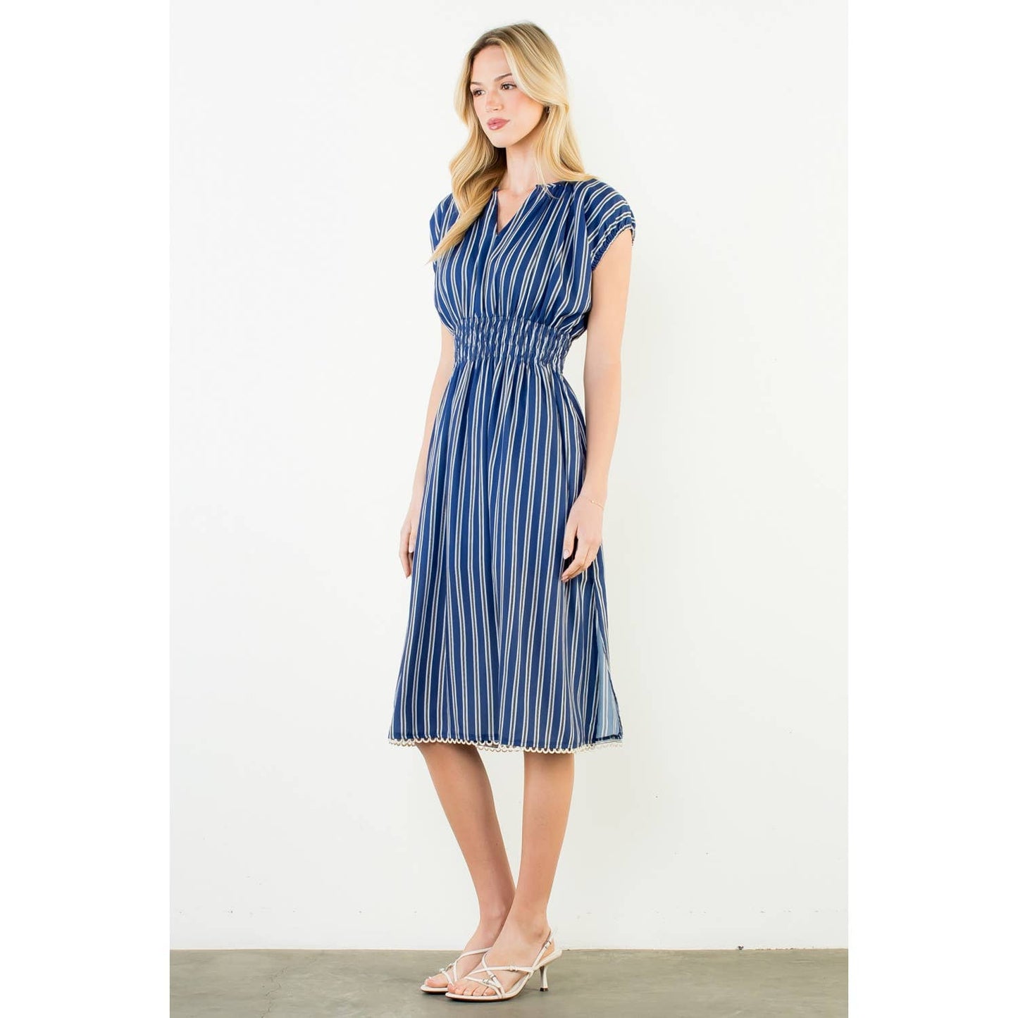 THML Striped Smocked Waist Dress – Navy