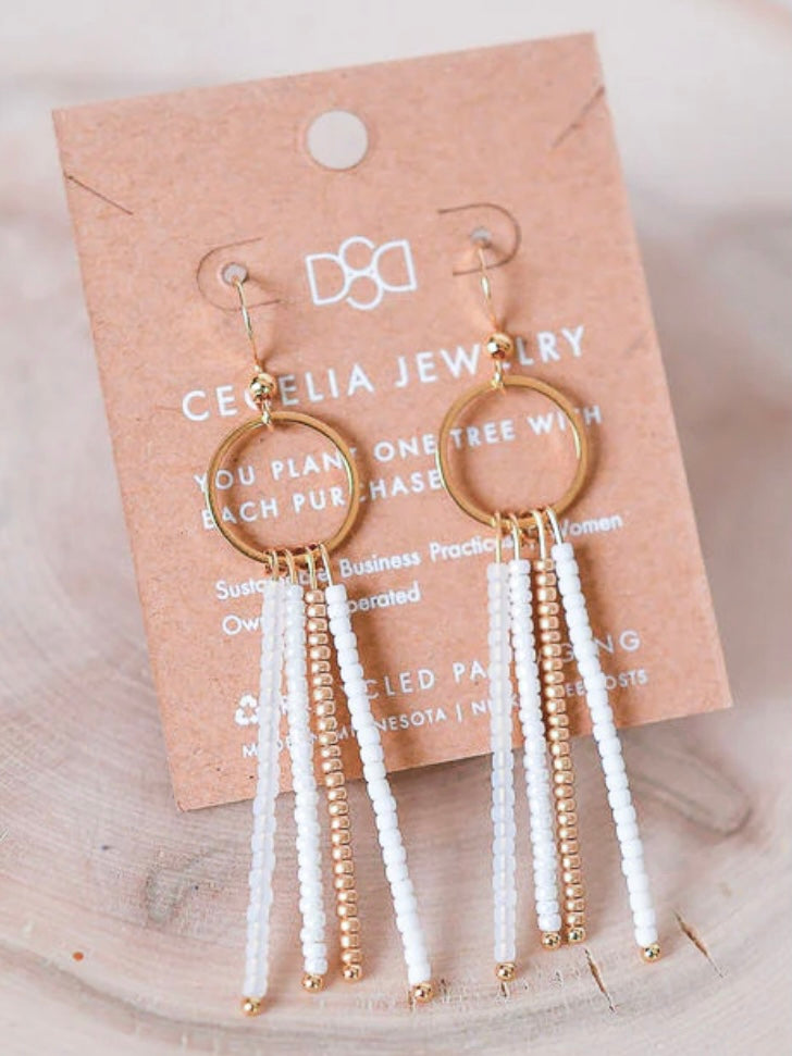 Tassel Seed Bead Earrings | White & Gold