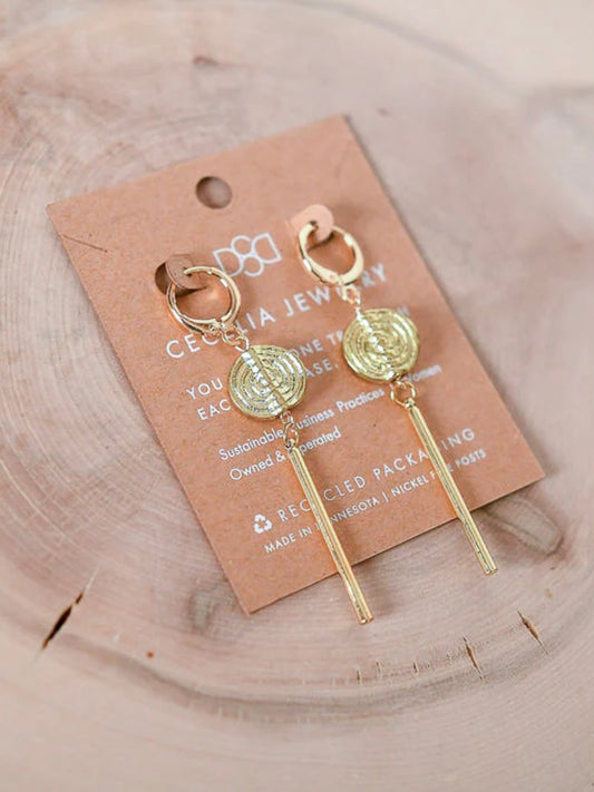 Huggie Bar Drop Earrings | Gold Disc