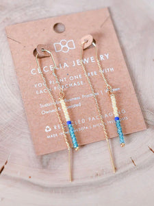Seed Bead Threader Earrings | Sky Blue & White