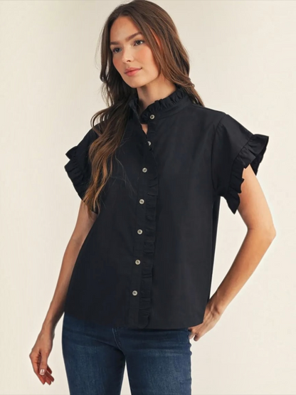 Jodifl black ruffle collar button-down cotton top for women