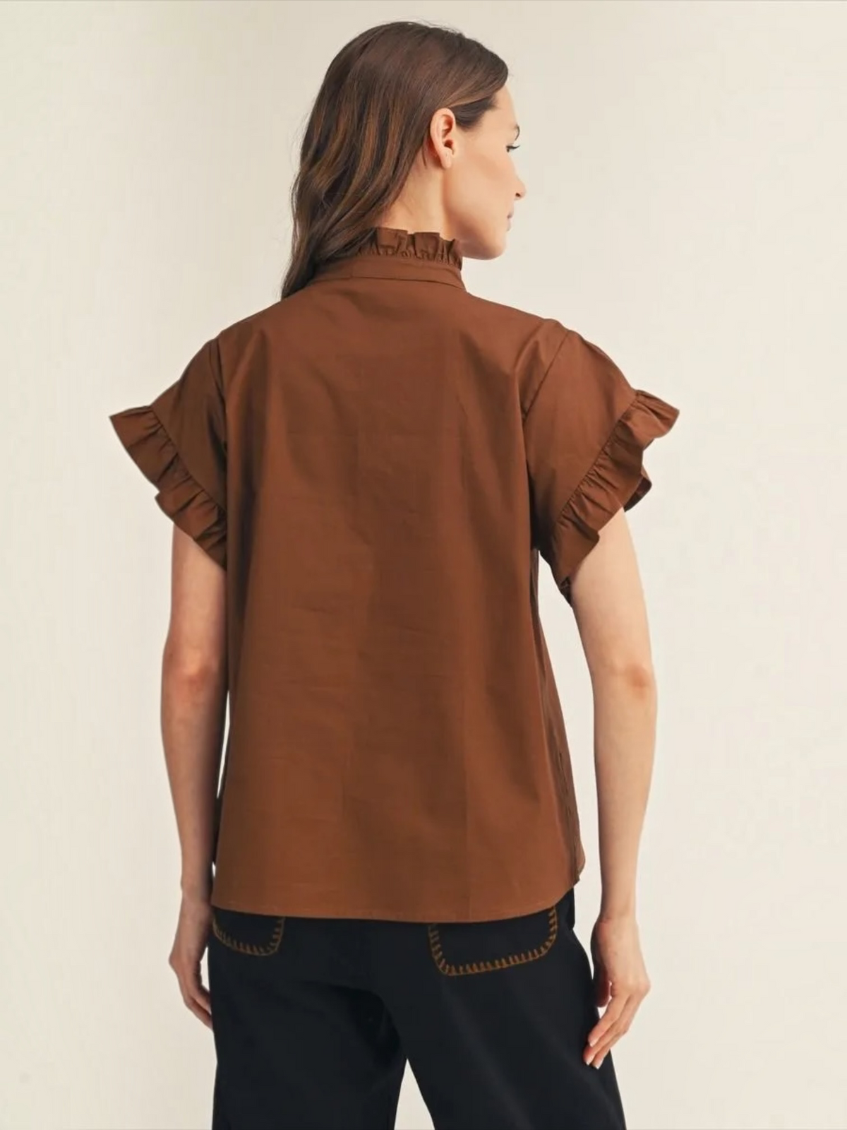 Back view of Jodifl brown ruffle collar button-down cotton top