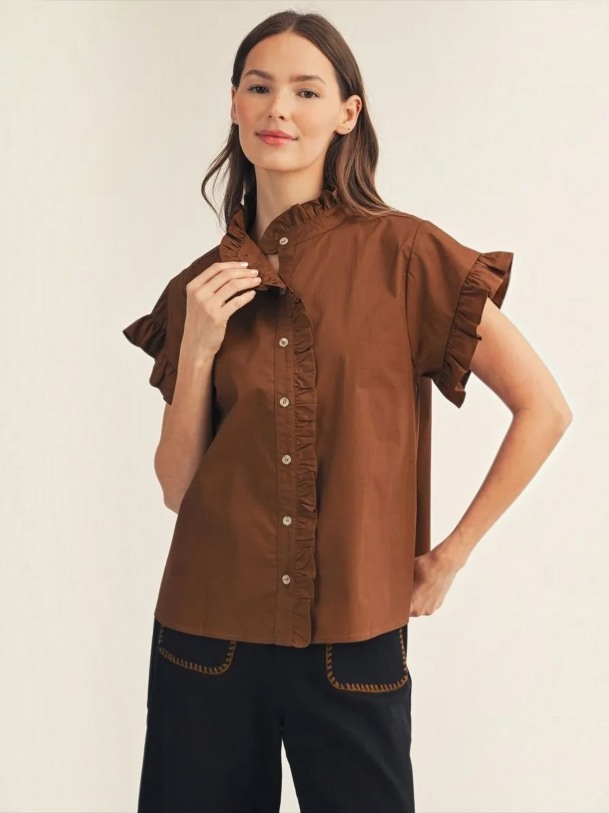 Jodifl brown ruffle collar button-down cotton top for women