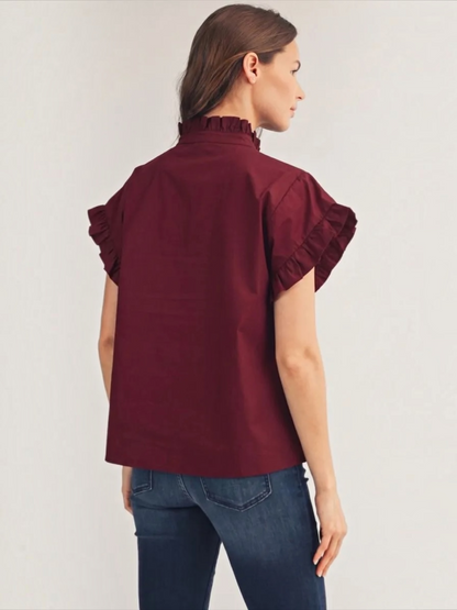 Back view of Jodifl burgundy ruffle collar button-down cotton top
