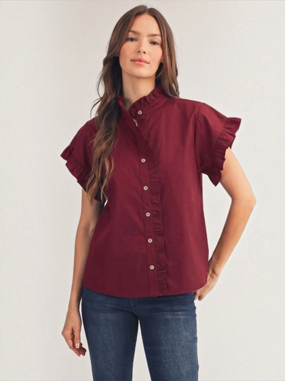 Jodifl burgundy ruffle collar button-down cotton top for women