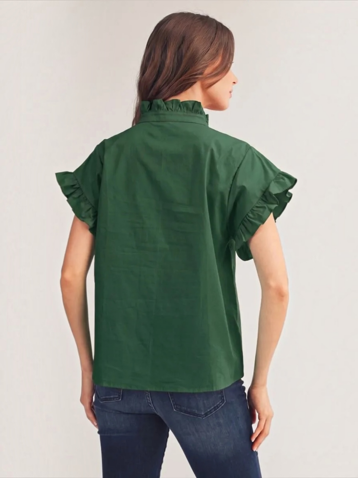 Back view of Jodifl hunter green ruffle collar button-down cotton top