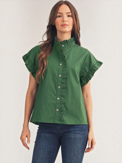 Jodifl hunter green ruffle collar button-down cotton top for women