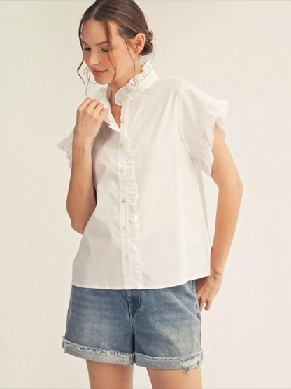 Jodifl white ruffle collar button-down cotton top for women