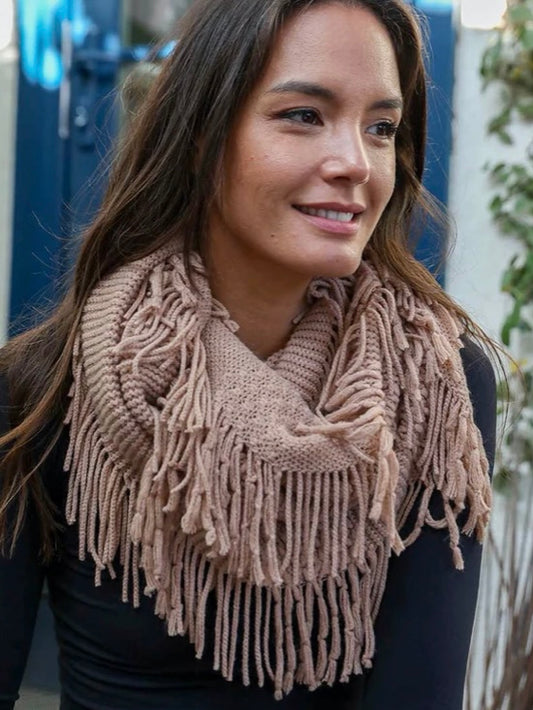 Pointelle Fringe Infinity Scarf - Taupe