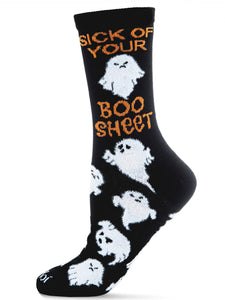Women's Sick of Your Boo Sheet Ghostly Crew Socks Black