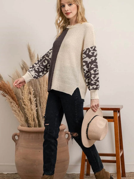 Briar Leopard Colorblock Knit Sweater - Charcoal Multi