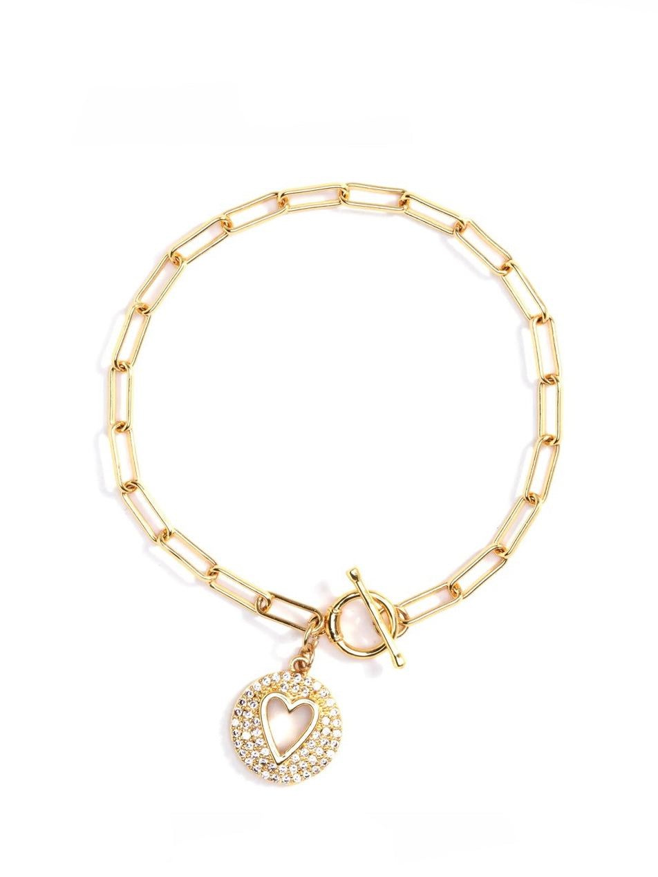 Pave Heart Gold Toggle Bracelet