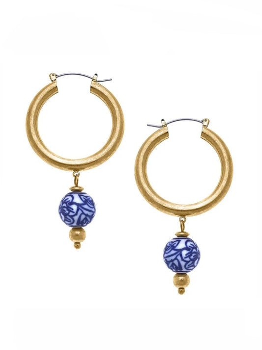 Paloma Chinoiserie Drop Hoop Earrings in Blue & White