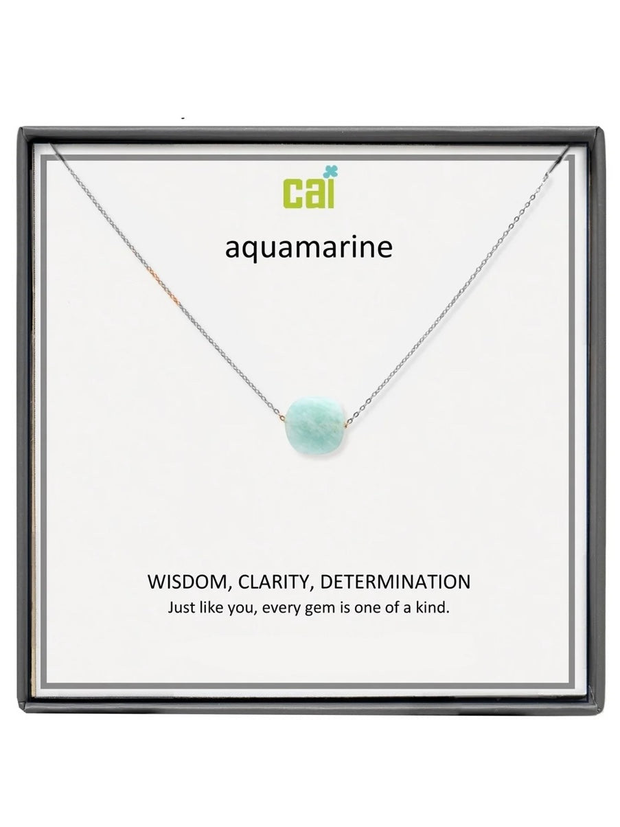 Silver Aquamarine Square Gemstone Necklace