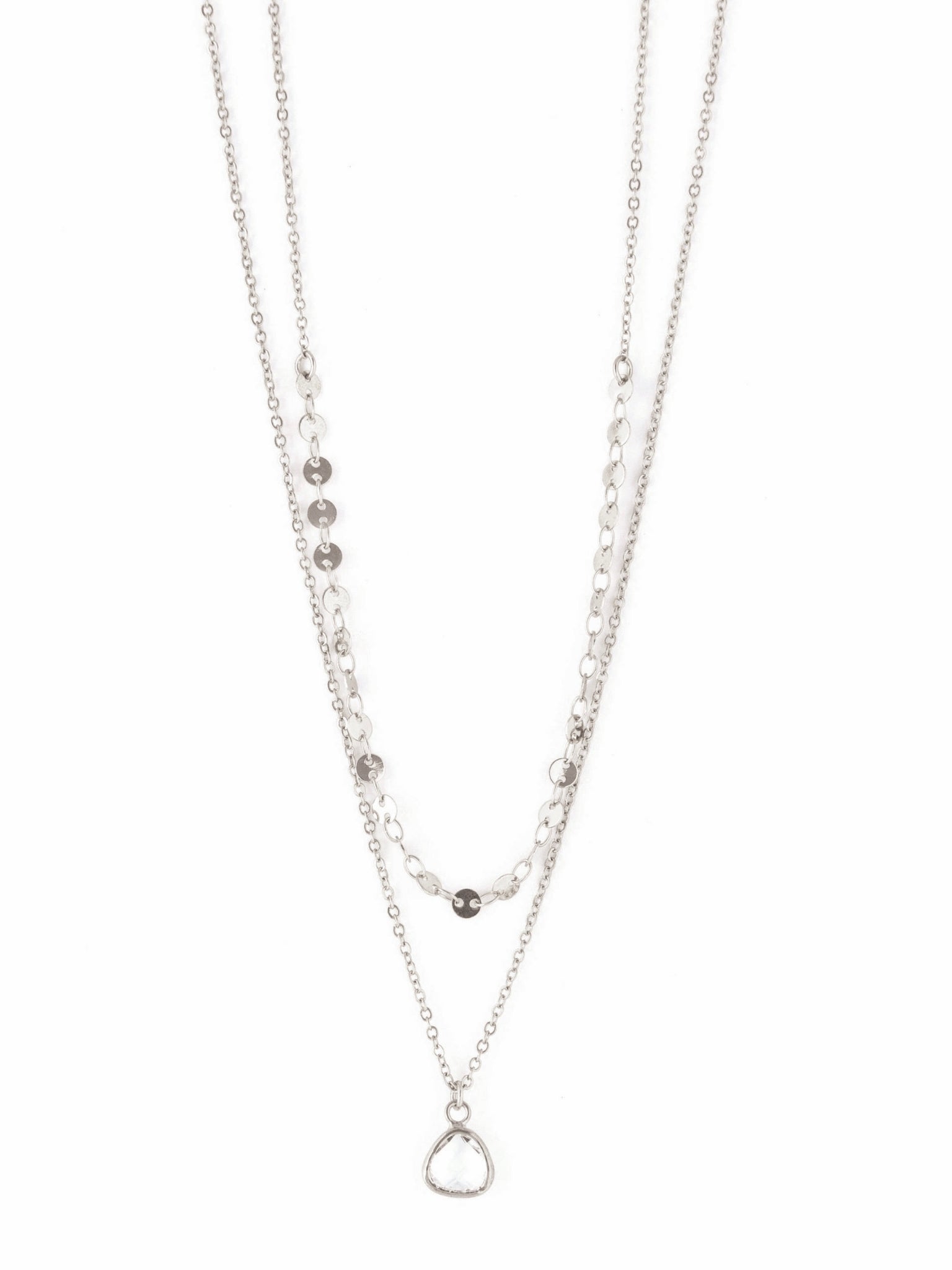 Two Layer Circle Chain & Small Clear Crystal Charm Necklace (Silver)