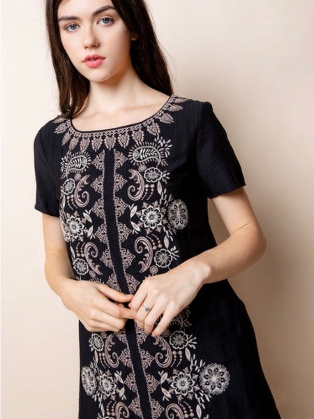 TM131344 Black Embroidered Short Sleeve Dress