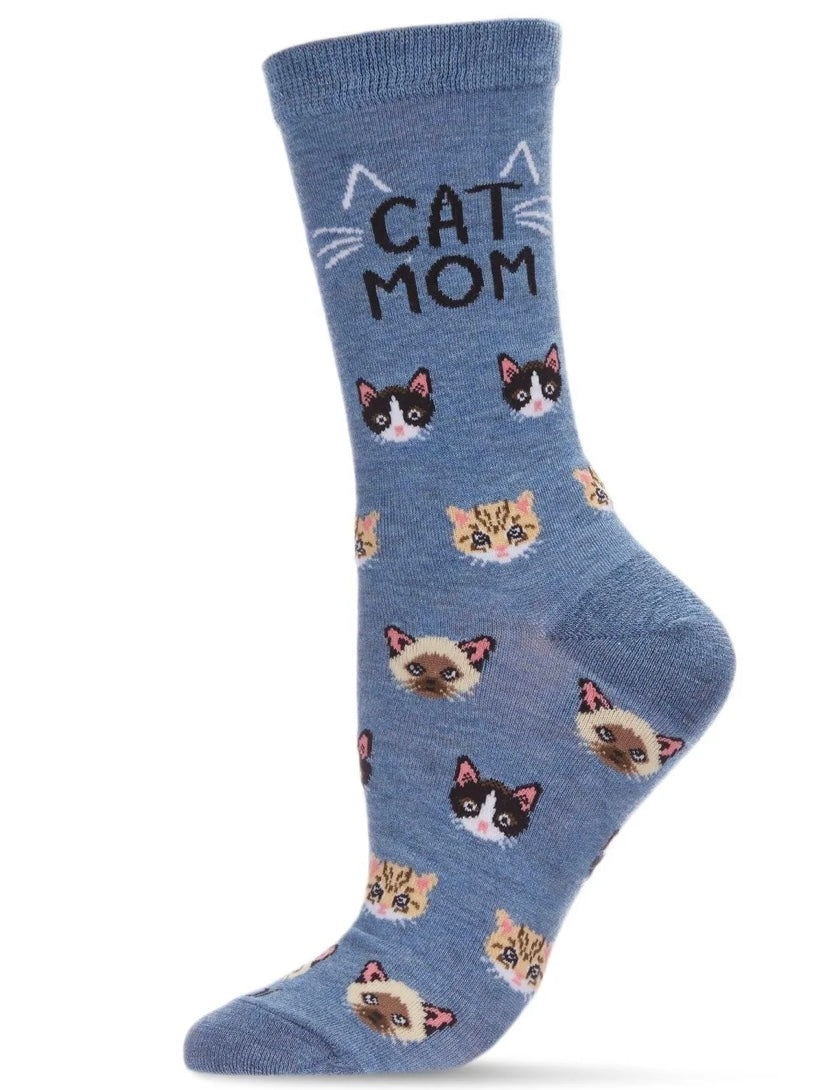 Women’s Cat Mom Bamboo Blend Crew Socks Denim Heather