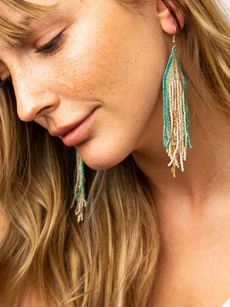 Ivory With Teal Mint Ombre Gold Luxe Stripe Fringe Earrings