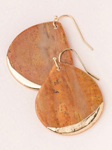 Stone Dipped Teardrop Earrings - Petrified Wood/Gold